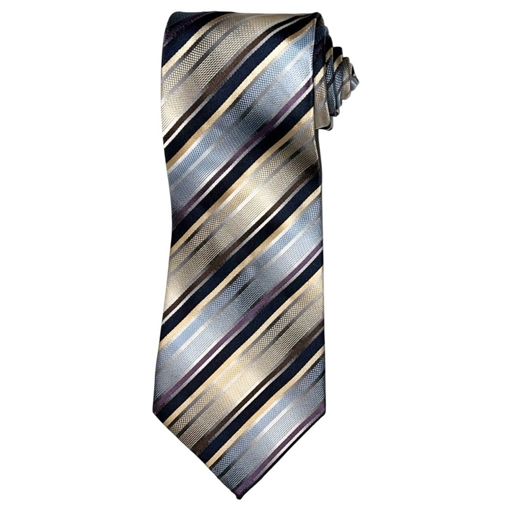 Kailong Necktie Men’s Tan Blue Light Blue Purple 58.5x3.75 100% Silk Tie